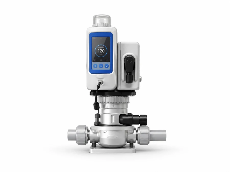 Precision dosing pump injecting disinfectant into the water line
