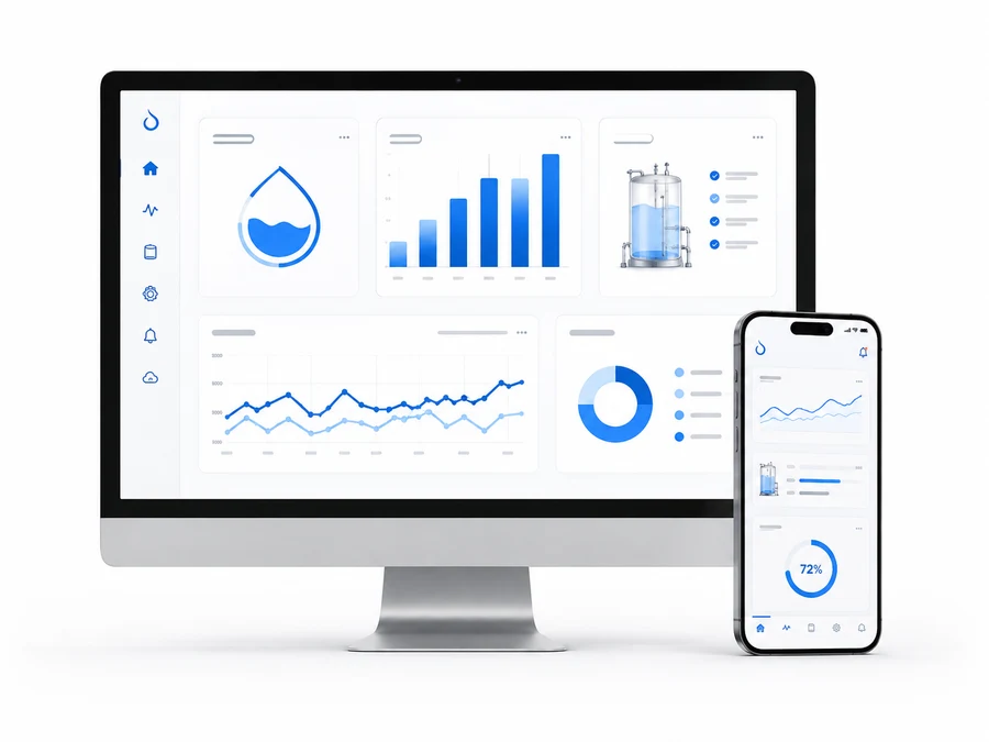 HydroSure cloud dashboard on desktop and mobile showing live water data