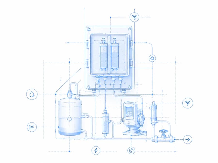 Technical blueprint of the HydroPure brine tank, electrolytic cell, dosing pump and sensor layout