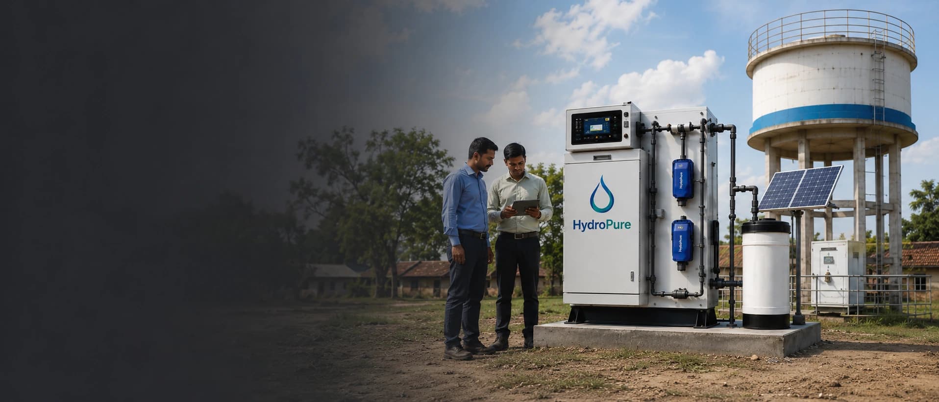 HydroPure IoT enabled water treatment system field inspection with village tank background