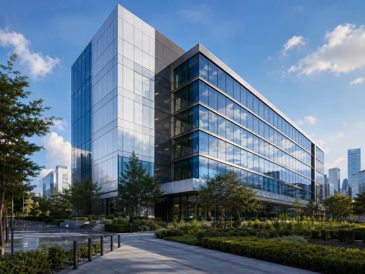 Glass commercial office building with a managed water supply system