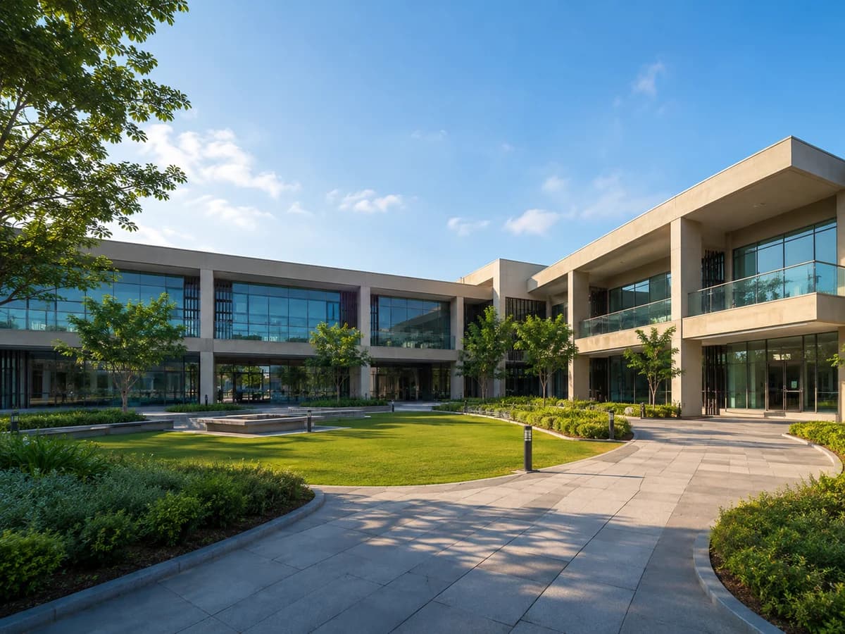 University campus buildings and courtyard served by a campus water network