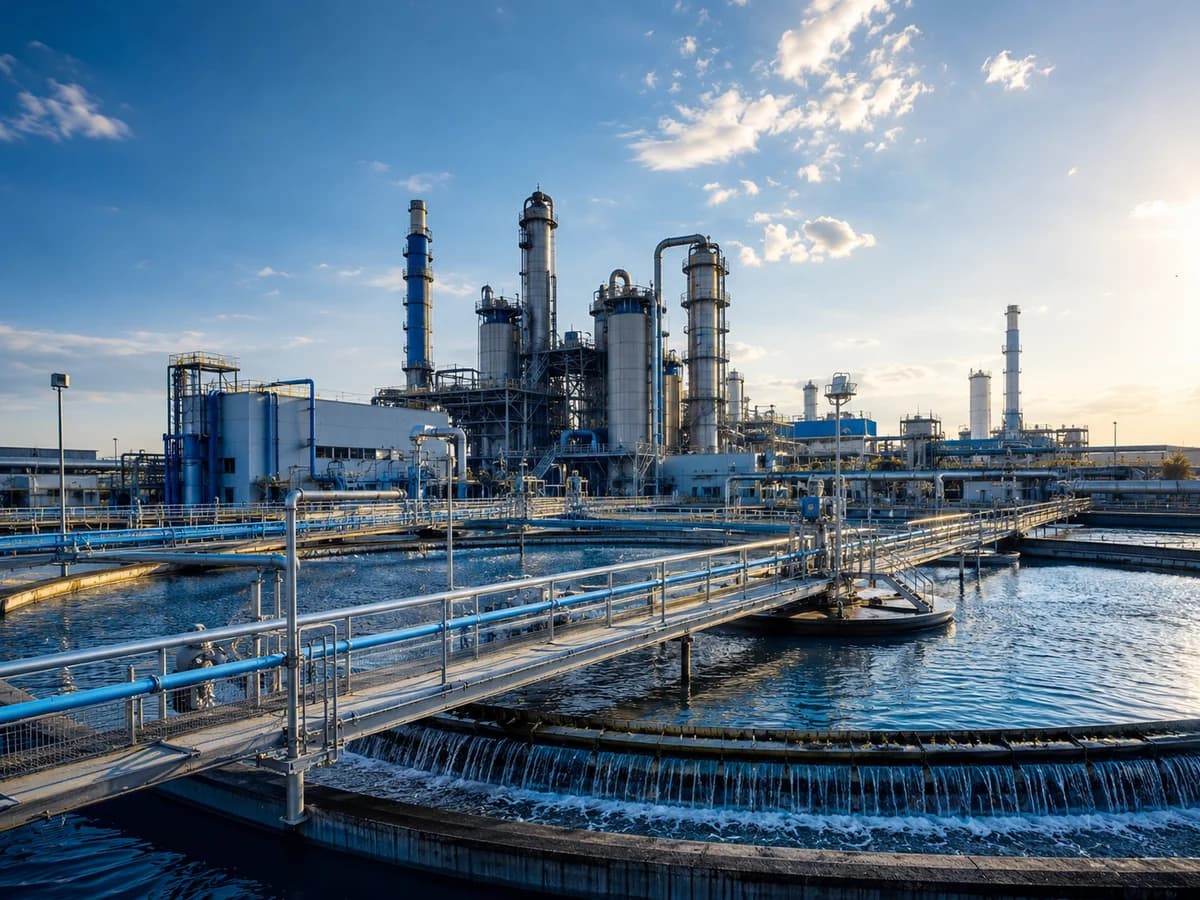 Industrial water treatment plant with clarifiers and process towers