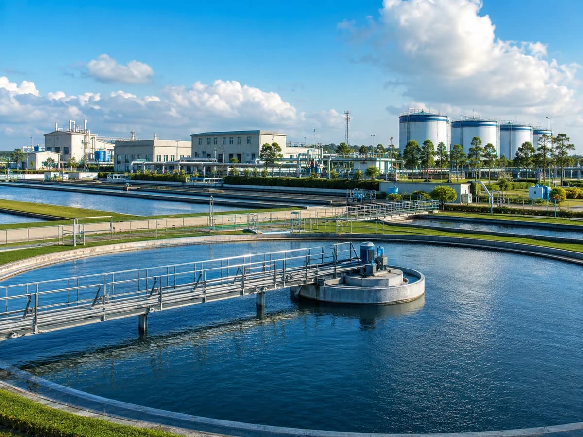 Municipal water supply treatment plant with circular clarifiers and storage tanks