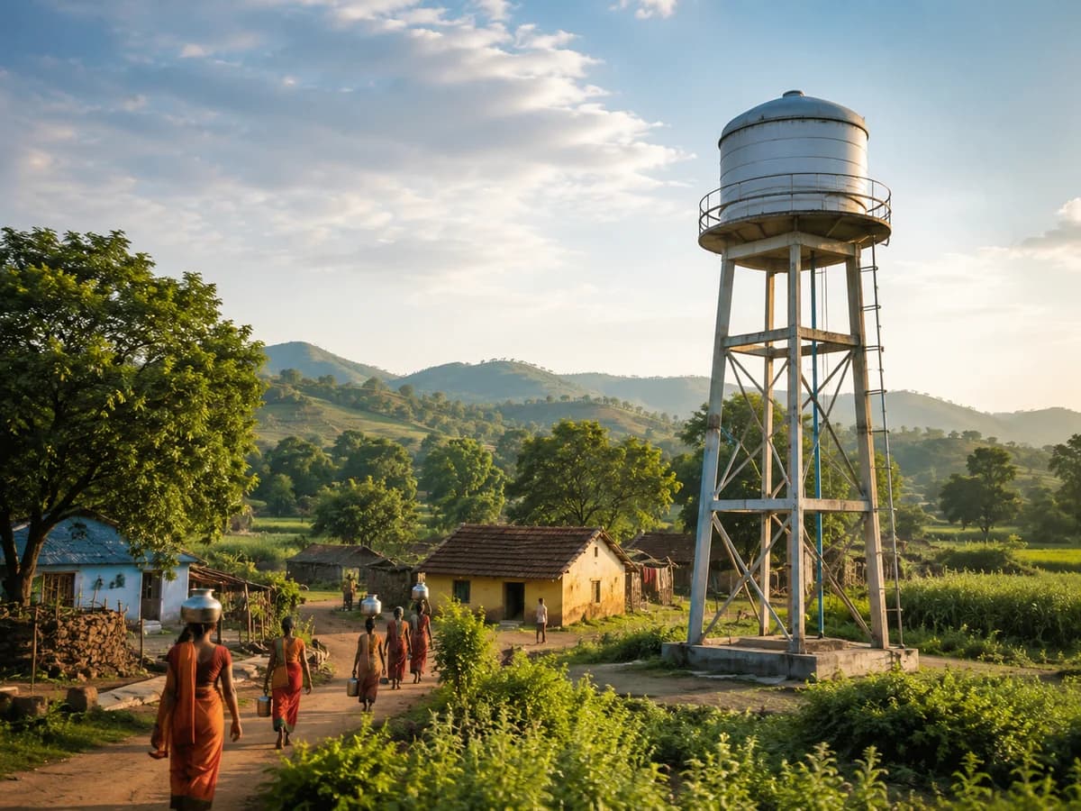 Village overhead water tank serving a rural water supply scheme in India