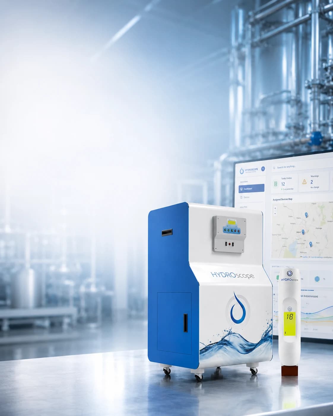 HydroPure electrochlorinator and a HydroSense handheld sensor on a plant bench, with the HydroSure dashboard on a screen behind them