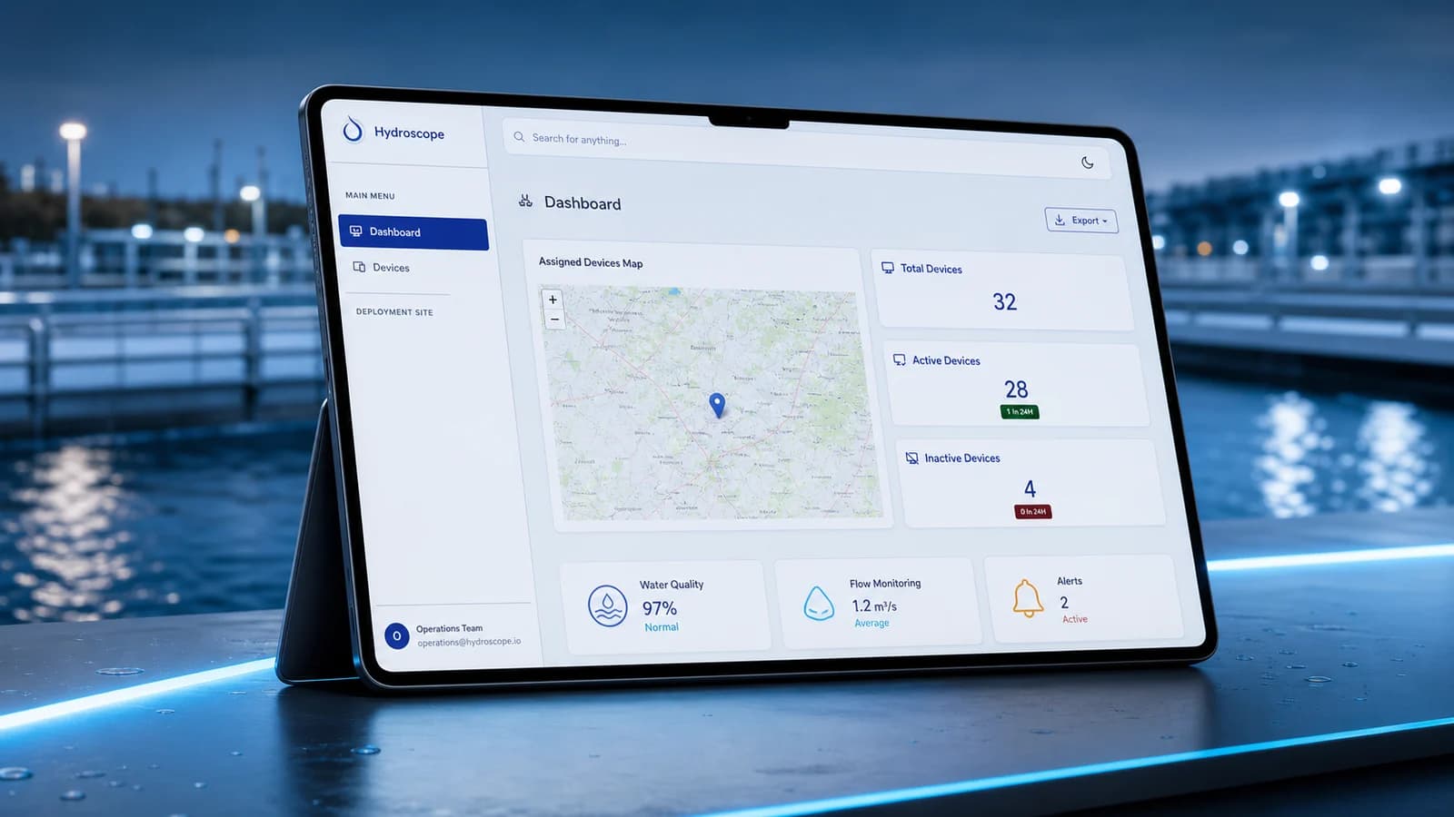 HydroSure cloud dashboard running on a tablet beside a water treatment site at night