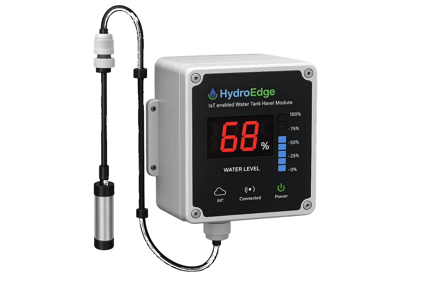 HydroEdge IoT water tank level module with its submersible probe, the display reading 68 per cent water level