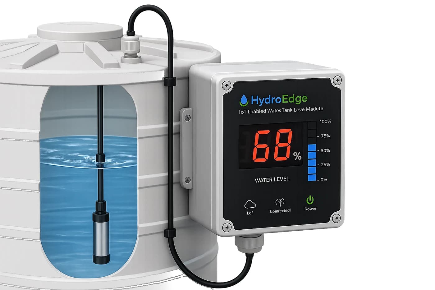 HydroEdge module mounted on a water storage tank, its probe hanging inside and the display reading 68 per cent water level