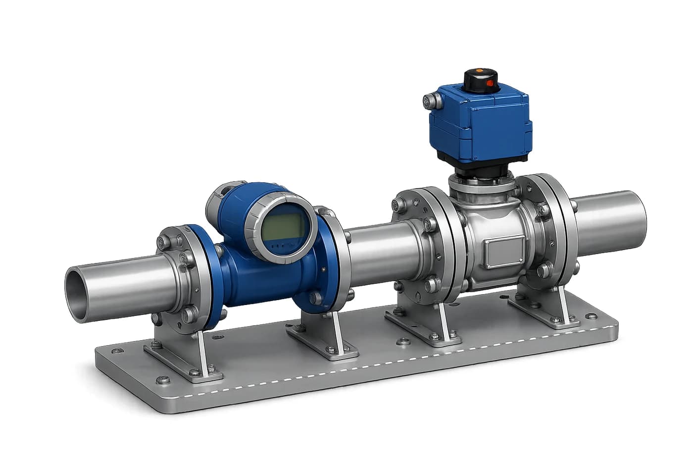 HydroPilot automatic valve and pump controller: a motorised valve and an in-line flow meter on one skid, so the valve opens and the meter records the flow